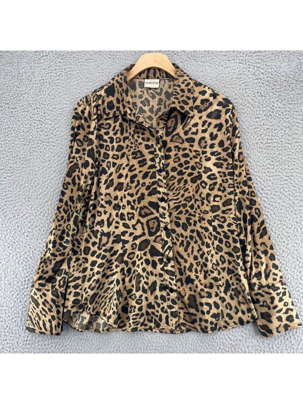 Chicos Shirt Womens Small Brown Leopard Print Satin Button Up Collared Top